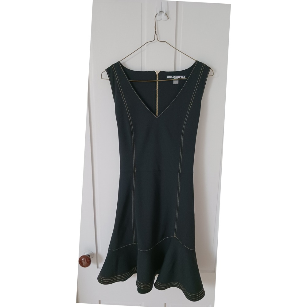 Karl Lagerfeld Black Stretch V-Neck Belted Flared Skirt Minidress